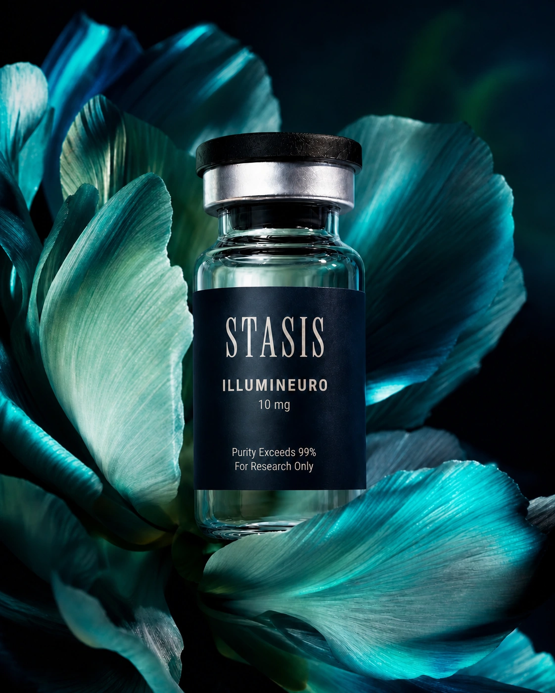 Illumineuro vial surrounded by sculptural teal petals
