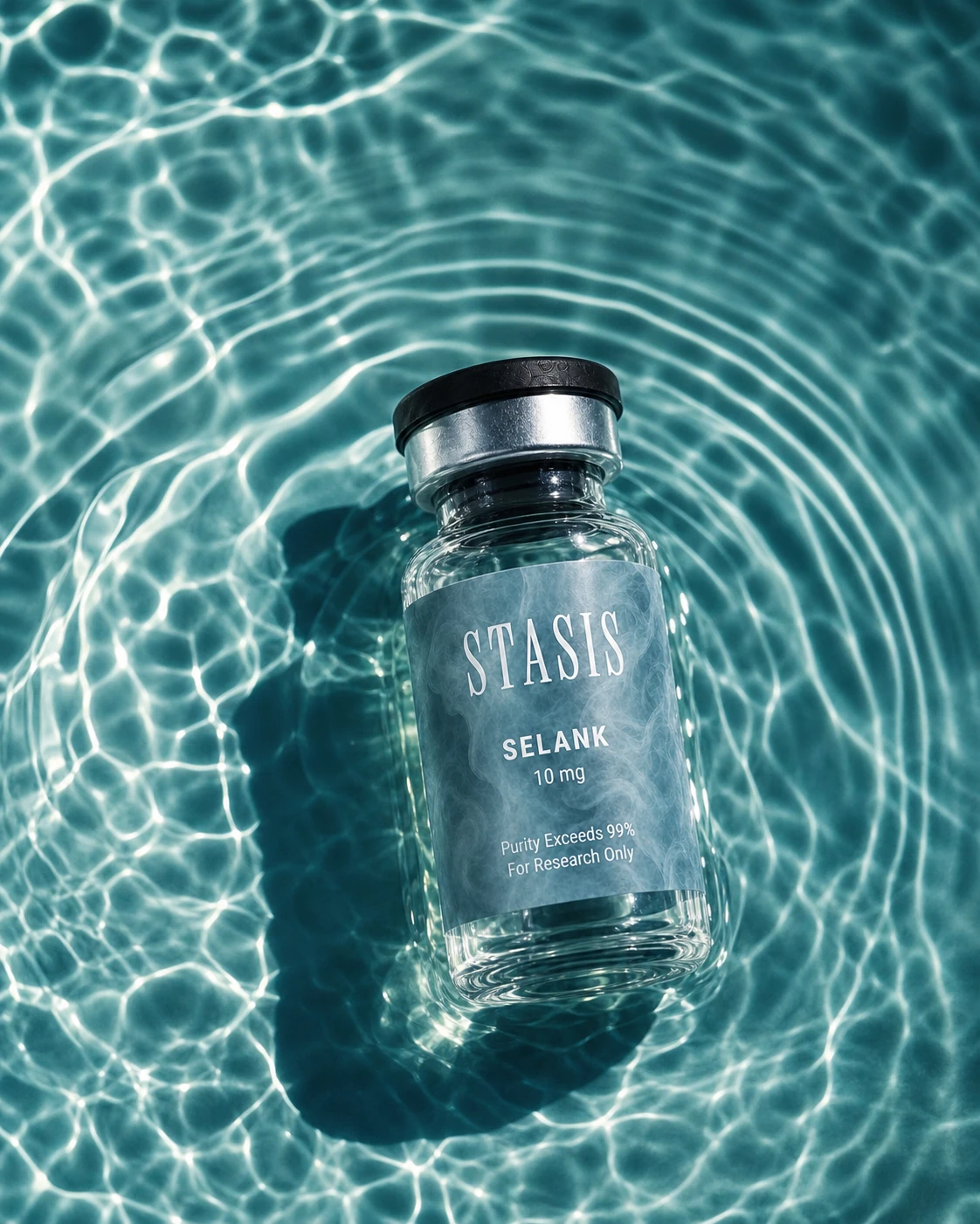 Selank vial framed by concentric water ripples