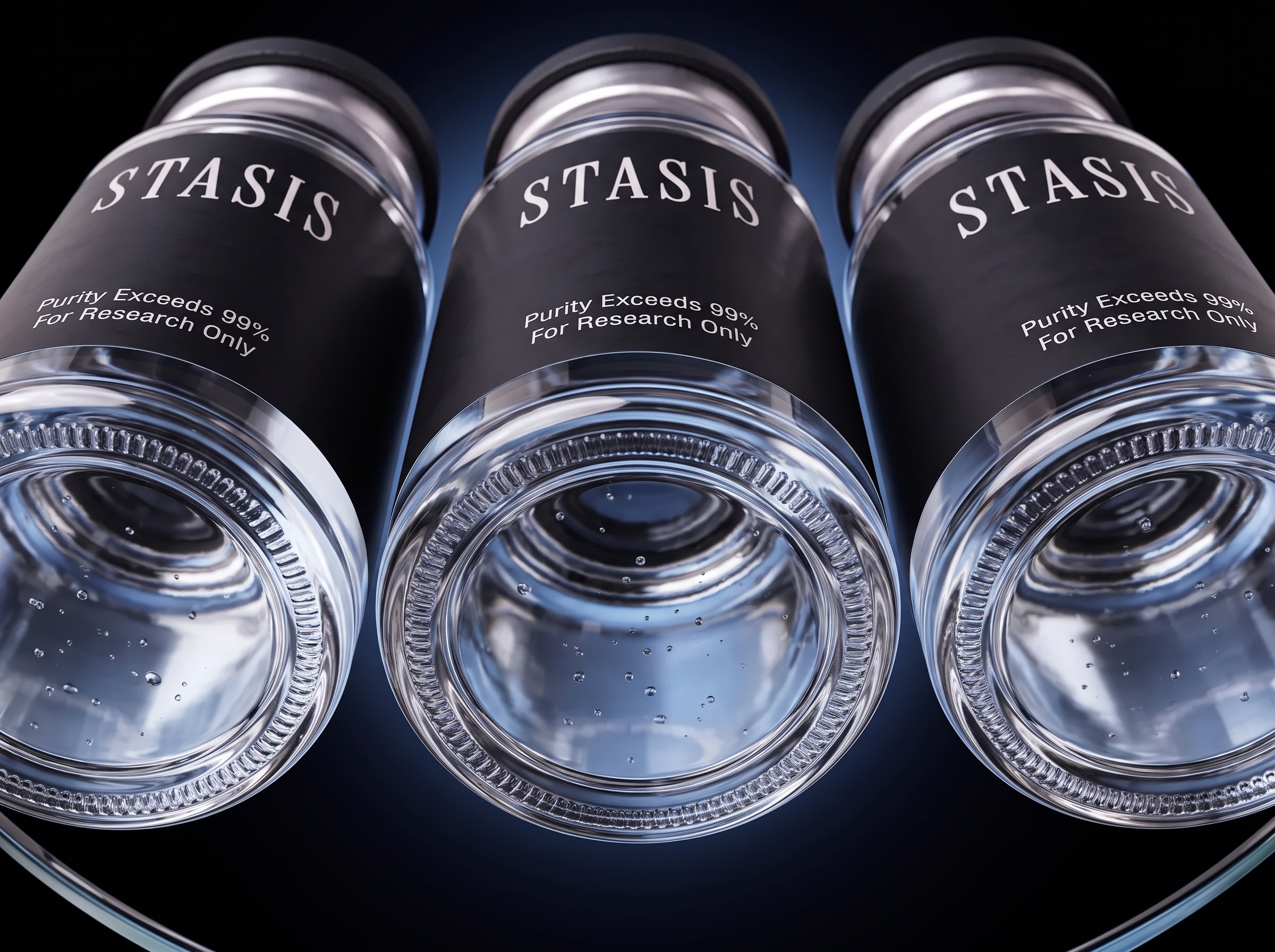 Three Stasis research vials viewed from below